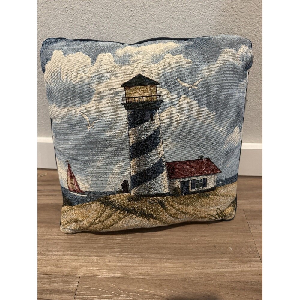Lighthouse Sailboat Tapestry Throw Pillow Seagulls Nautical Square 15”